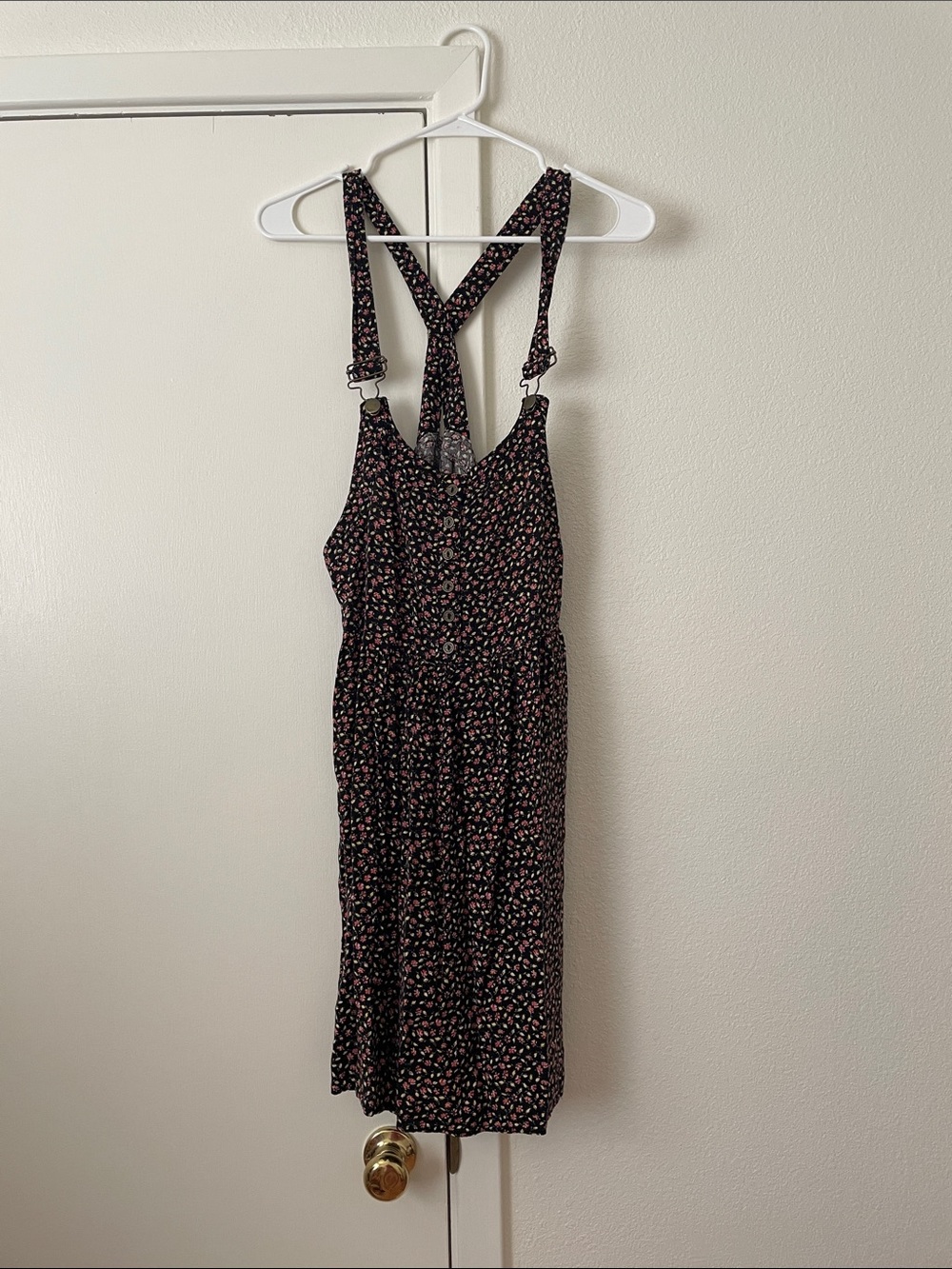 Xhilaration Black Mini Overalls Dress with Pink Floral Print